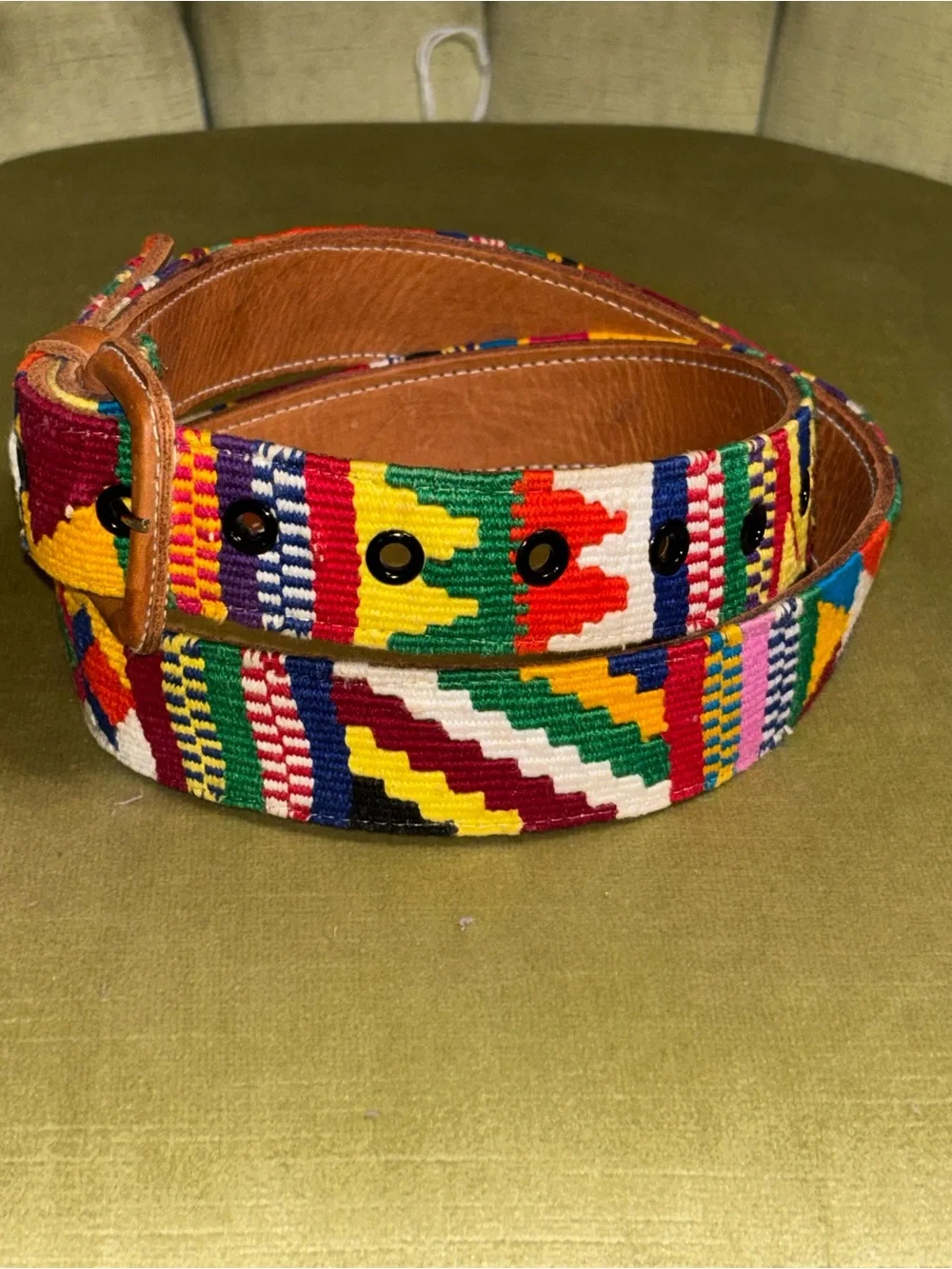 VTG Guatemalan Multicolor Hand Woven Handmade Leather Belt Unisex 36 Boho Hippie